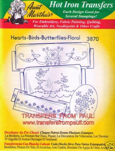Hearts Birds Butterflies Floral Aunt Martha's Hot Iron Embroidery Transfer #3870