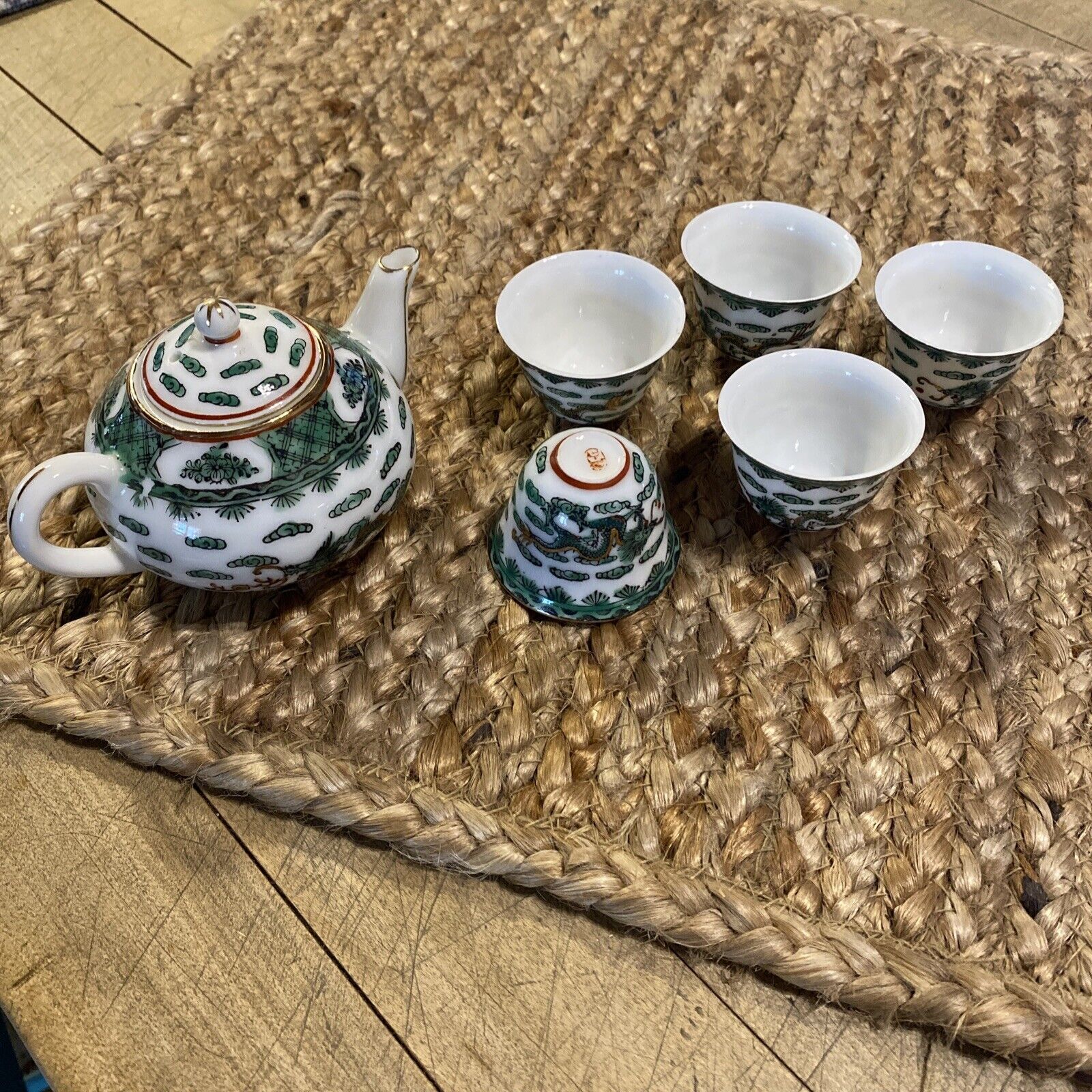 Vintage Miniature Chinese Dragon Tea Pot And Cups