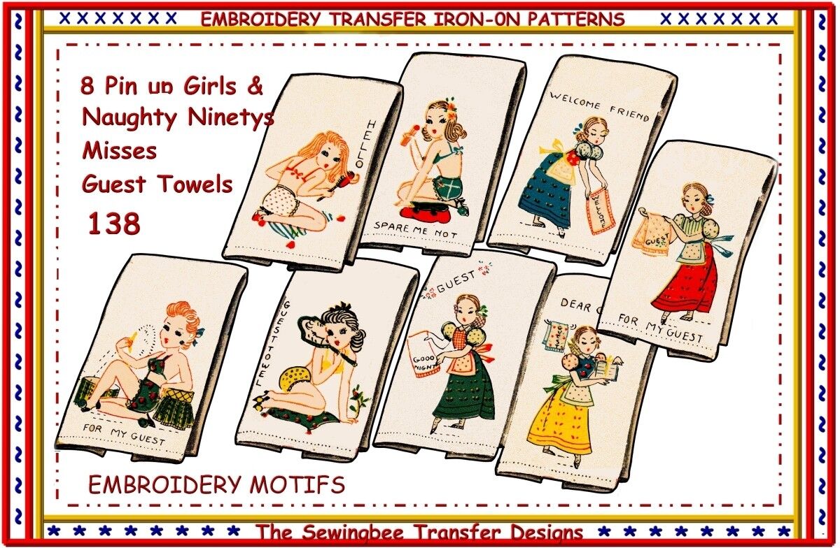 Pin Up Girls Naughty Ninetys Embroidery Transfer Patterns Guest Towels # 138