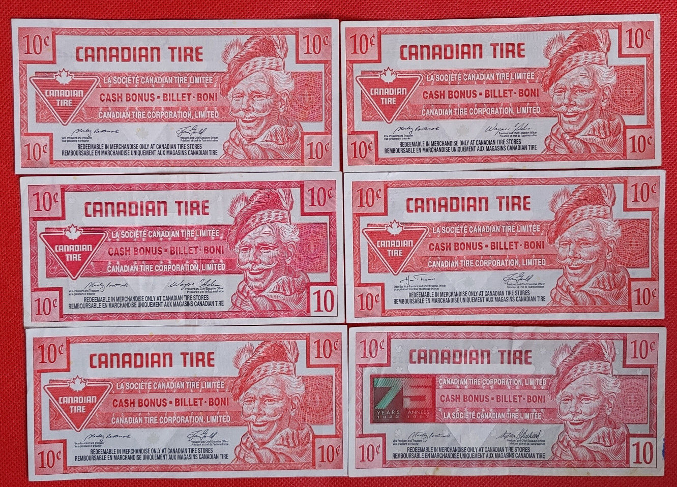 Lot Of 6 - Canadian Tire Ten Cent Paper Bills (aka Dimes)