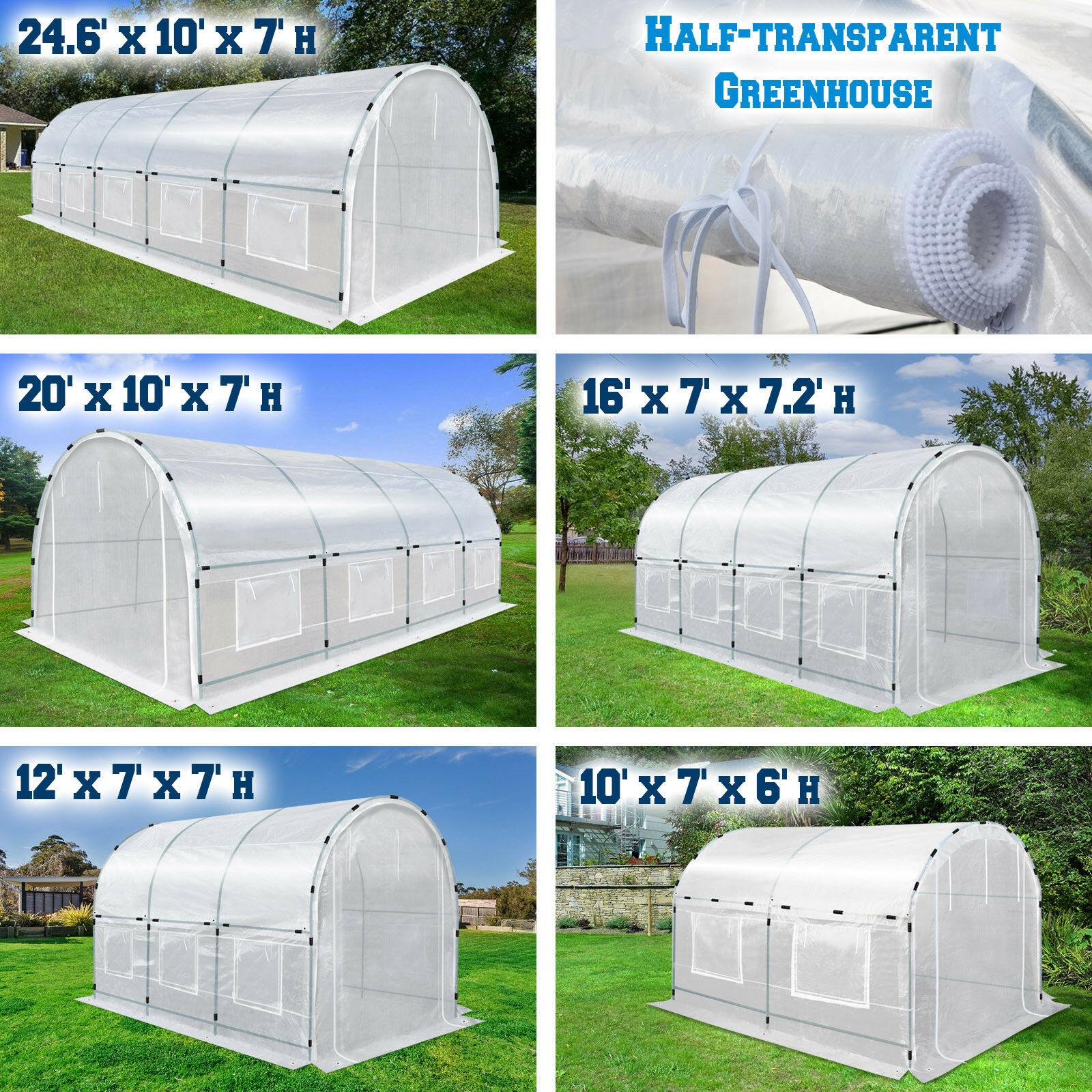 Half Transparent Larger Walk-in Plant Hot Greenhouse Garden Outdoor W Abs Clamps
