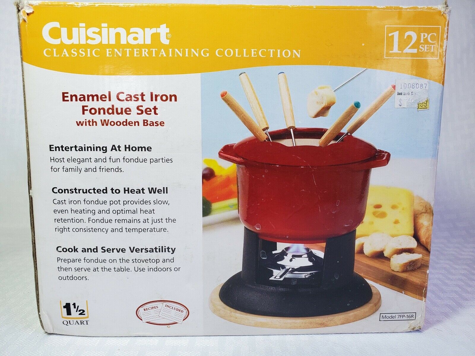 Cuisinart 12-piece Enamel Cast Iron Fondue Set Wooden Base 7fp-16r Red 1.5 Quart