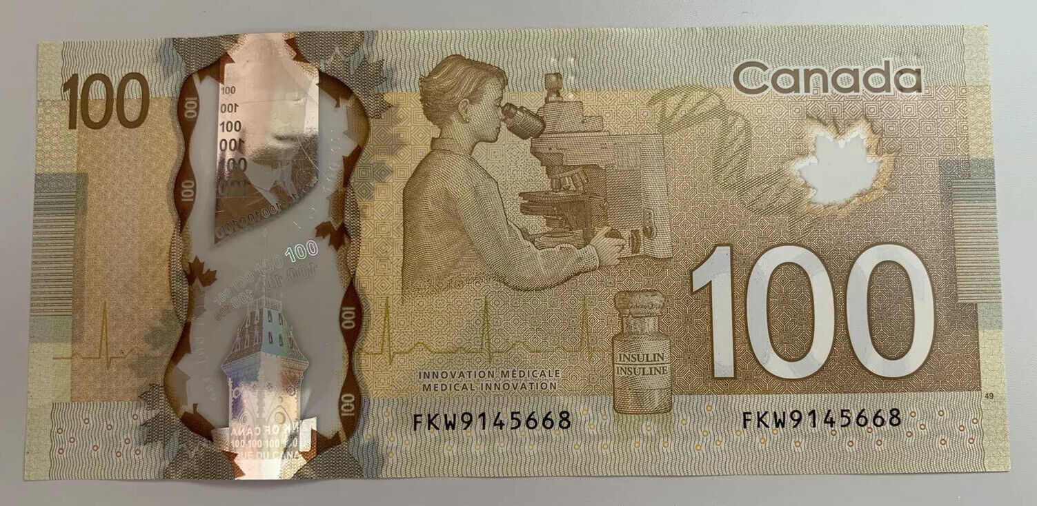 2011 Bank Of Canada 100 Dollar Fkw. Uncirculated.  Super Lucky Serial Number.