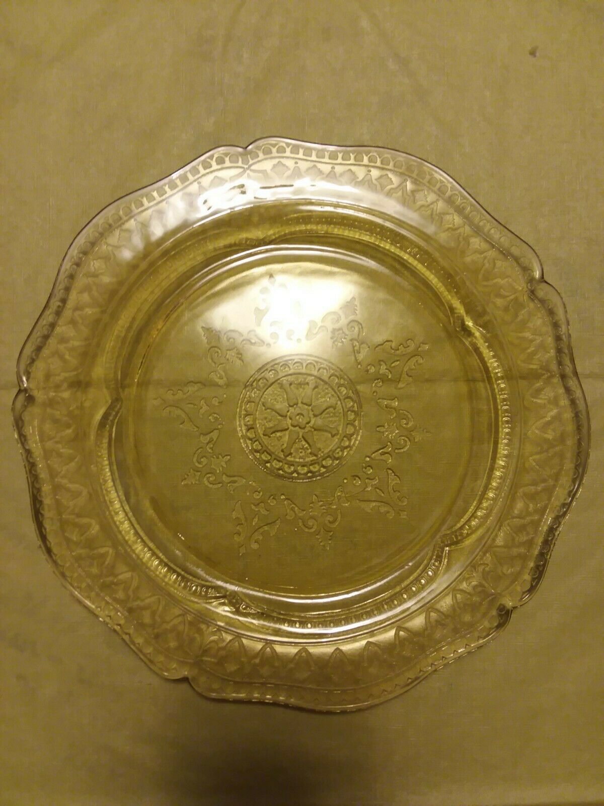 Yellow Depression Glass Etched 11" D X 3/4" H