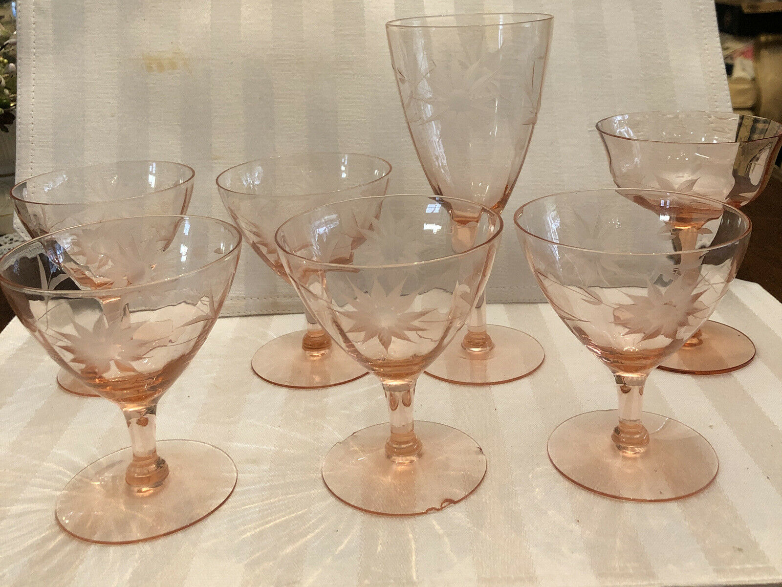 Vintage Pink Depression Glass Etched Footed, 6 Are Matching Design Set Of 7