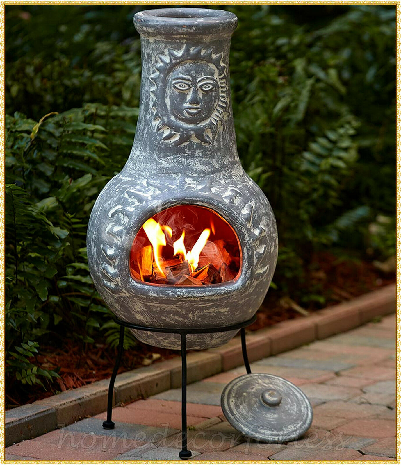 Gray Rustic Southwest Sun Face Clay Chiminea Outdoor Fire Pit Patio W/ Stand Lid