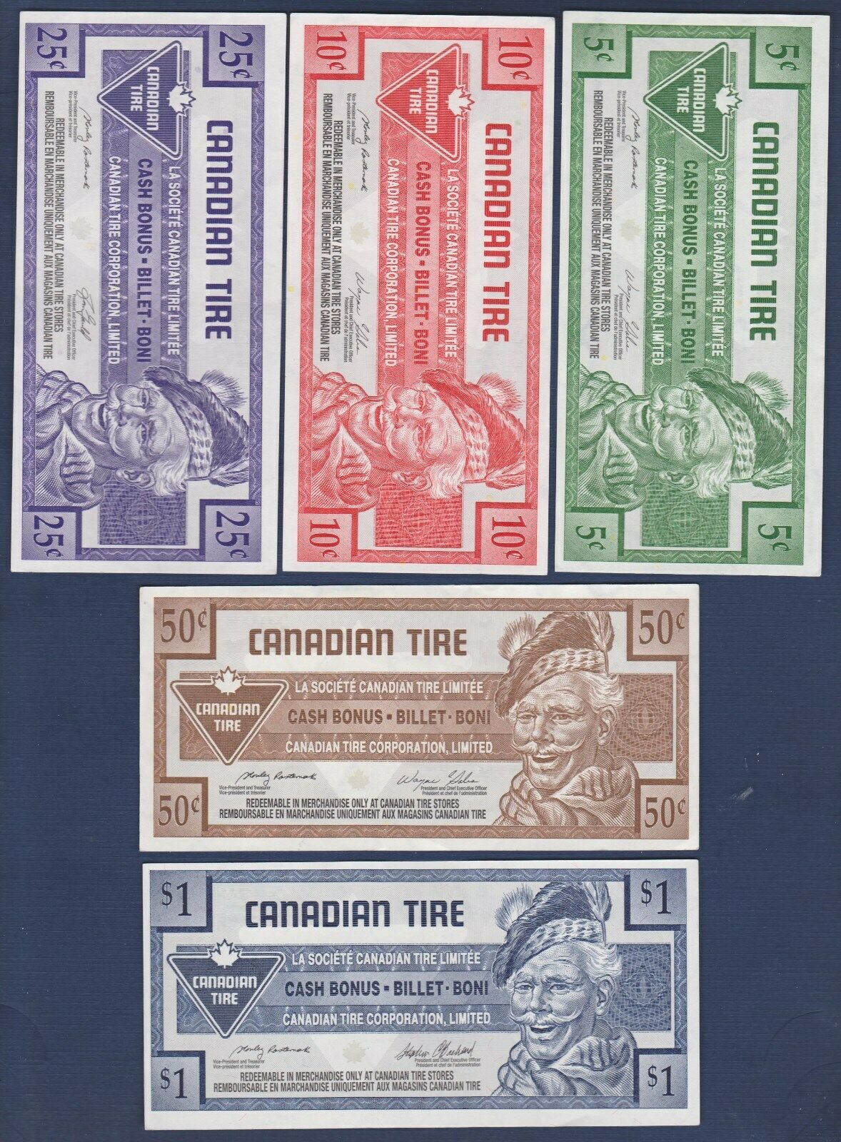 Set Of 5 Canadian Tire Money $1 Serial # 9907355697 + 5c To 50c Notes..