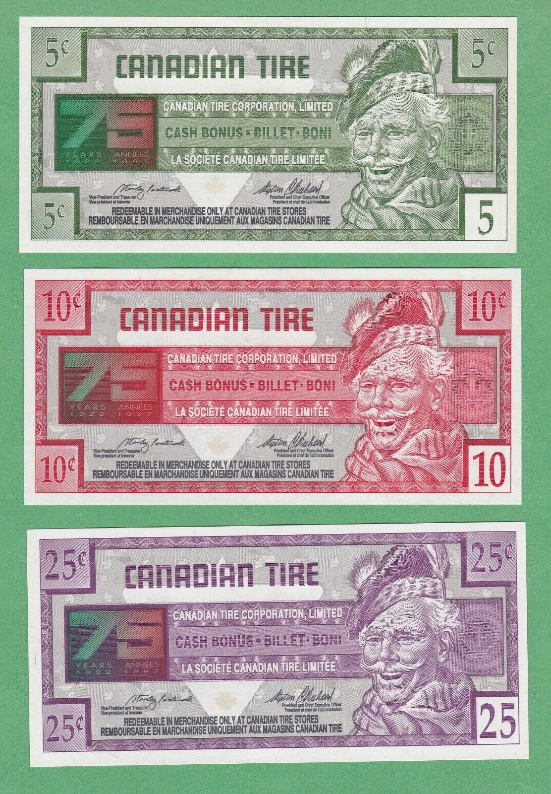 Canadian Tire Money .05 - 2.00  Dollar Set  6 Notes  75 Years    Uncirculated