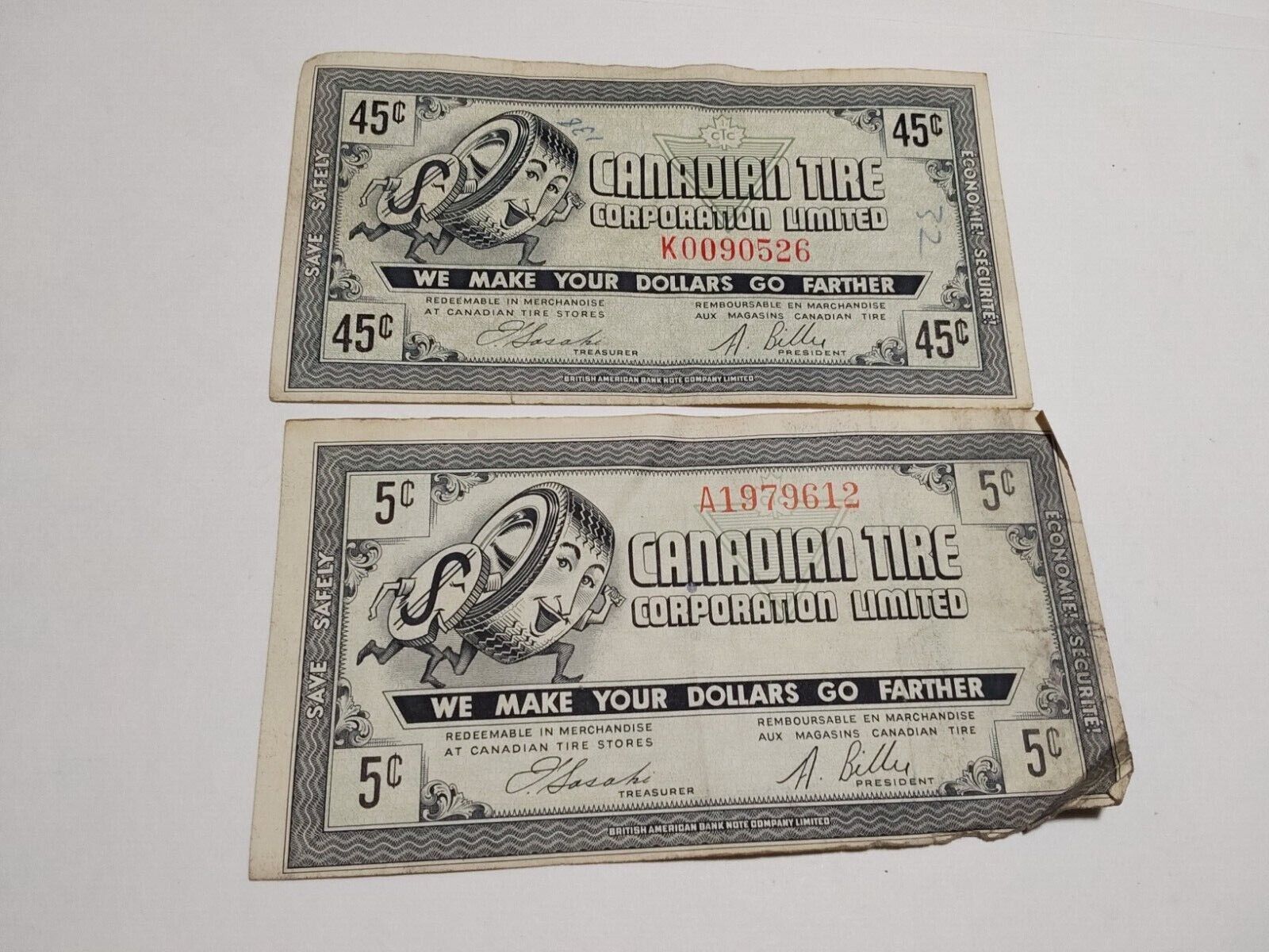 Vintage Canada Tire Money  - Two Bills 5 Cent & 45 Cent