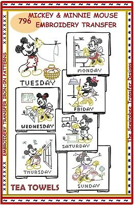 Mickey & Minnie Mouse Tea Towels Embroidery Transfer Pattern Dow # 796 Iron-on