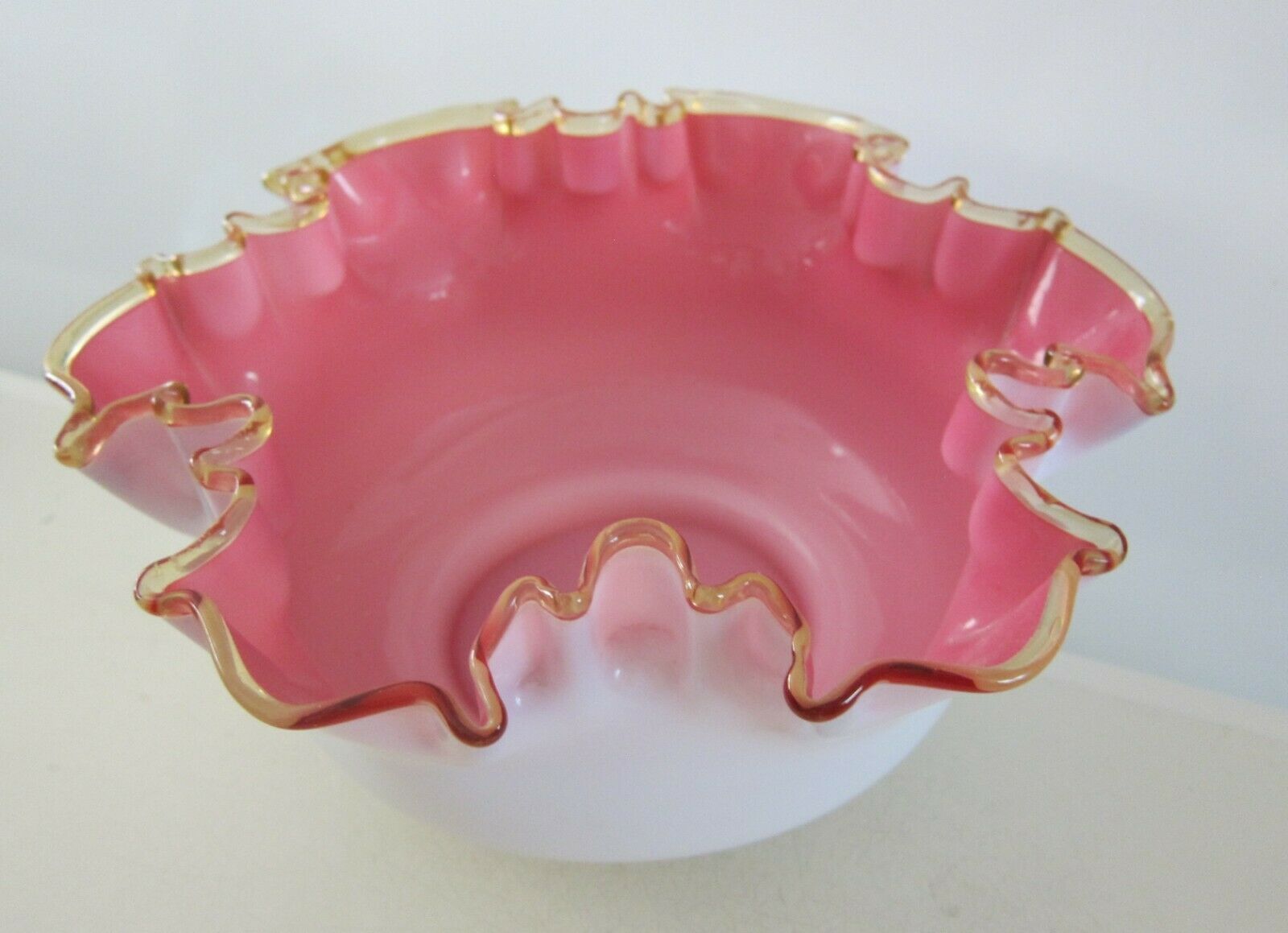 Vintage Fenton Milk Cranberry Cased Glass Bowl  With 10" Across, 4 Ruffled Edge