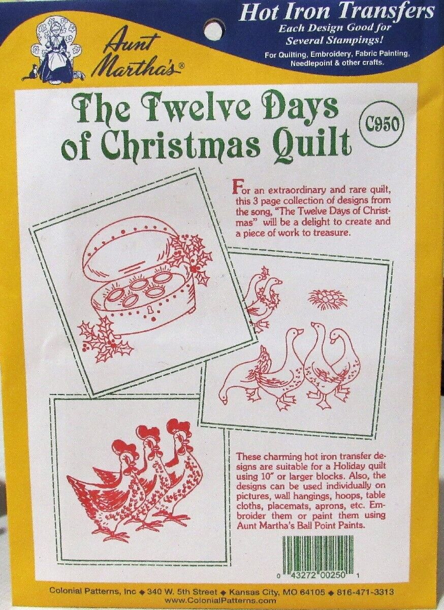 Aunt Martha's 12 Days Of Christmas Quilt Blocks Embroidery Transfer Pattern C950