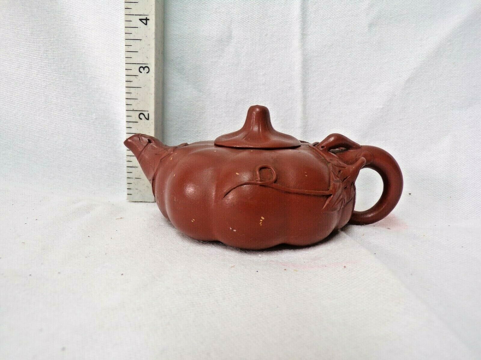 Vintage Yixing Teapot With Lid Reddish Brown Pumpkin Style With Vines