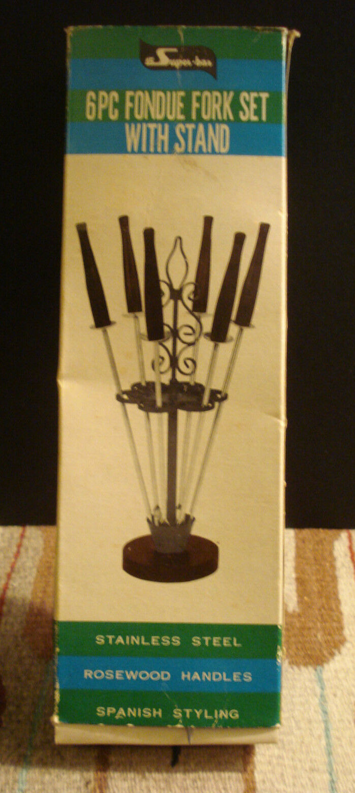 Kane Kutlery Wood/stainless Mid-century Fondue Set 6 Forks And Stand Unused