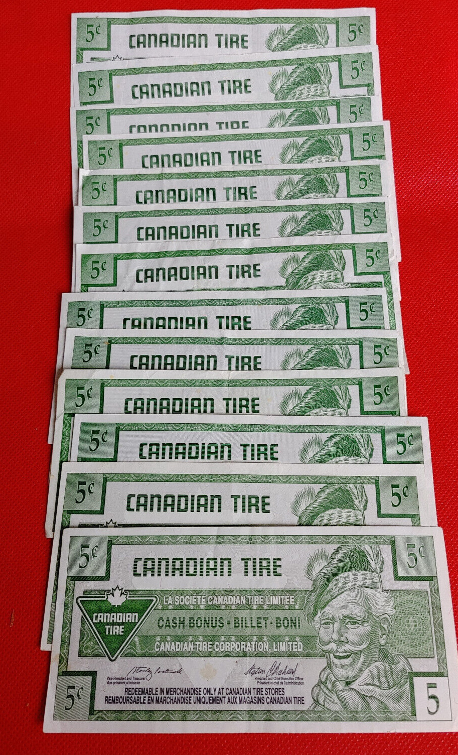 Lot Of 13 - Canadian Tire Five Cent Paper Bills (aka Nickels)