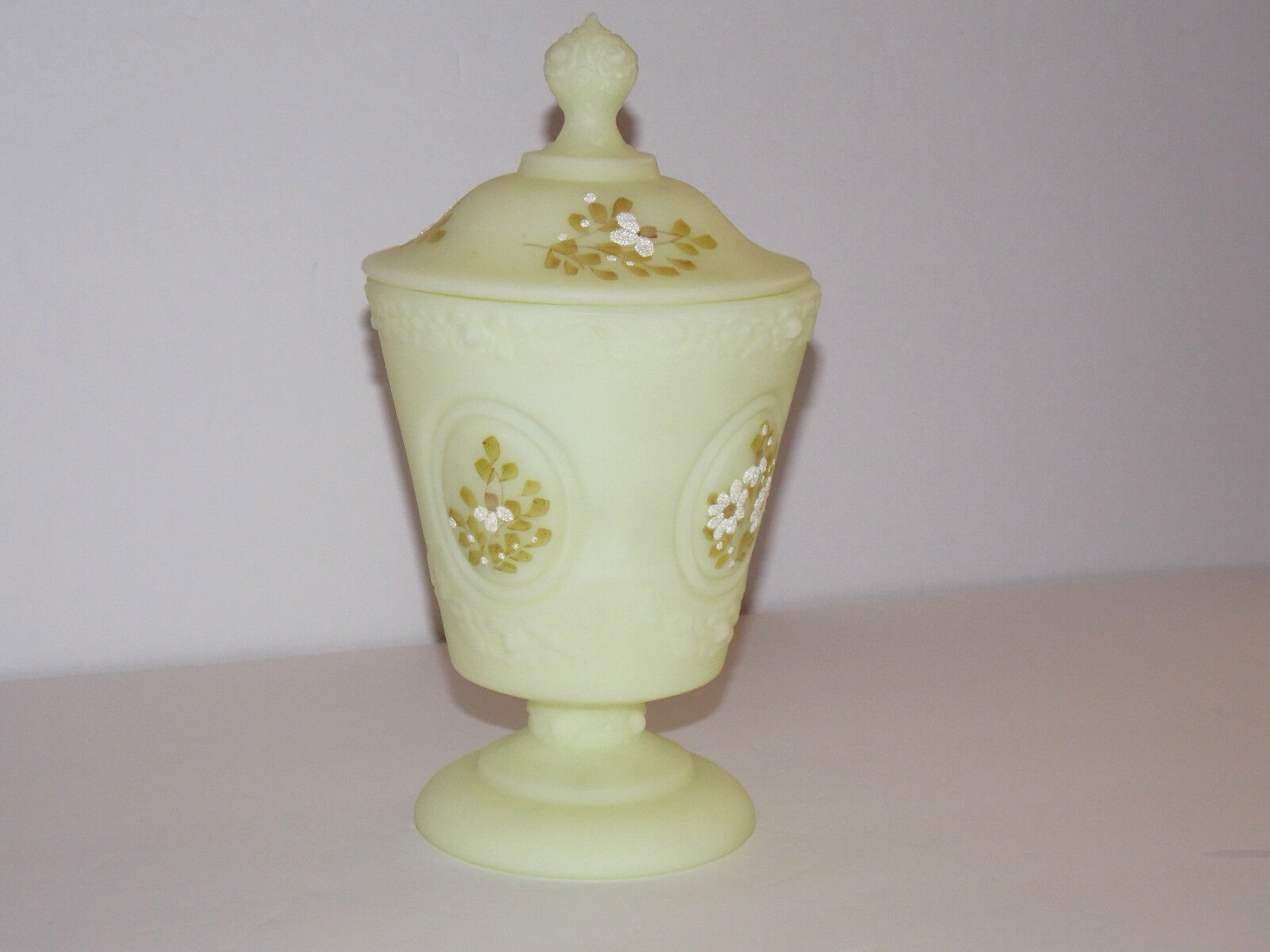 Fenton Hand Painted Pedestal Covered Jar - Custard In Color - Signed