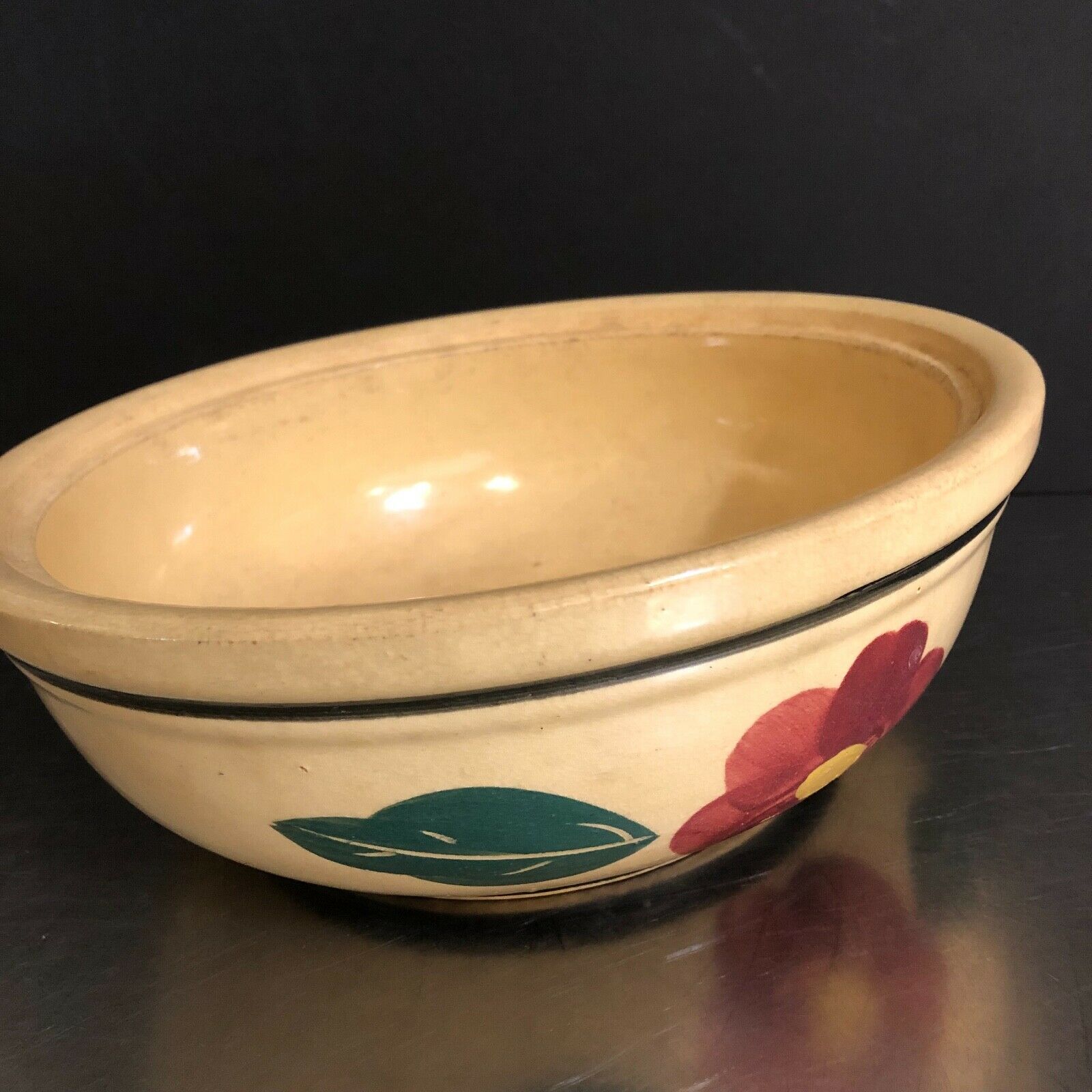 Vtg Yellow Ware Mixing Bowl Even Bake Oven Ware Hand Painted Floral Stripe Usa