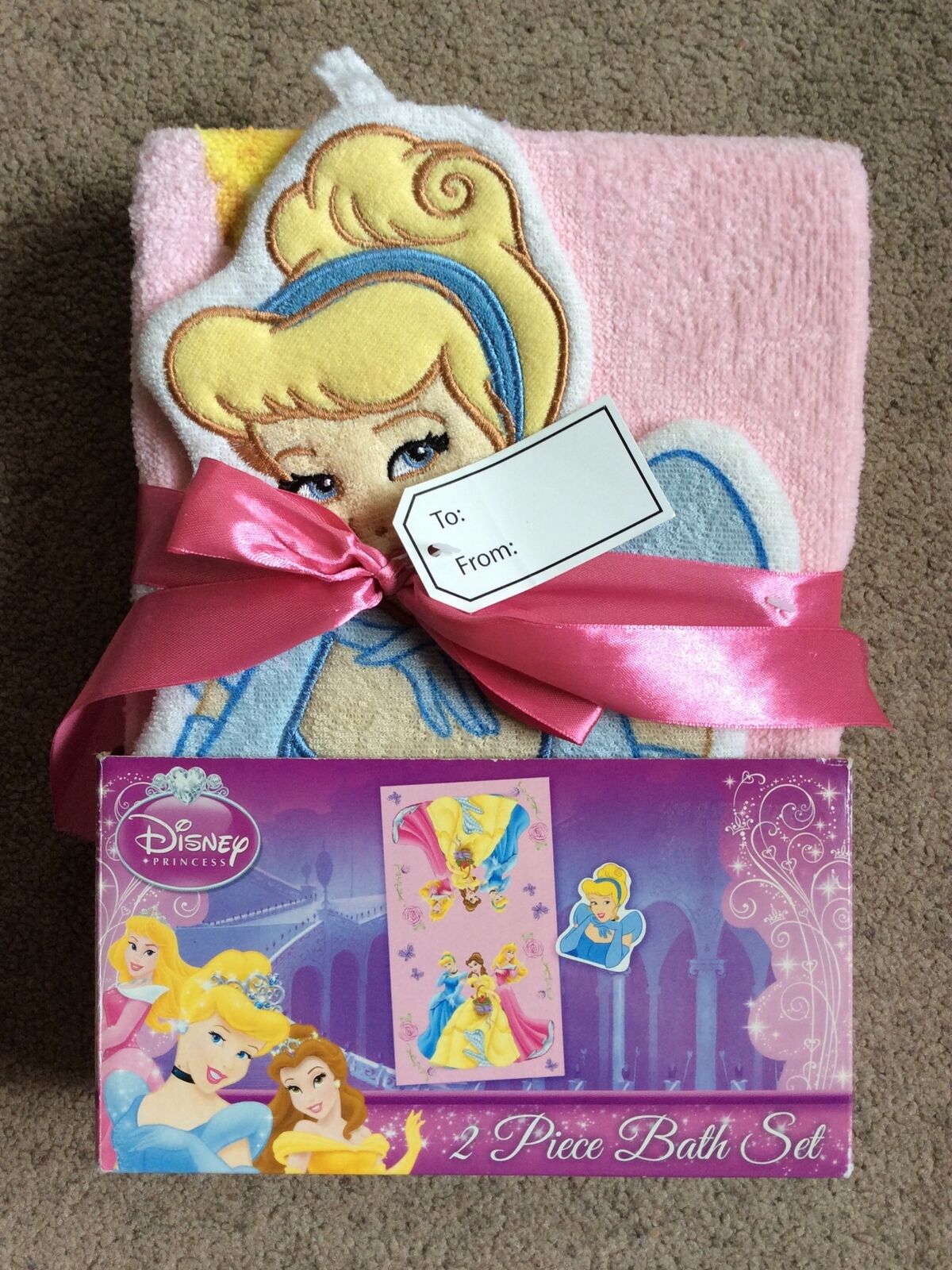New Disney Princess 2 Piece Bath Set Pink Belle Bath Towel Cinderella Wash Mitt