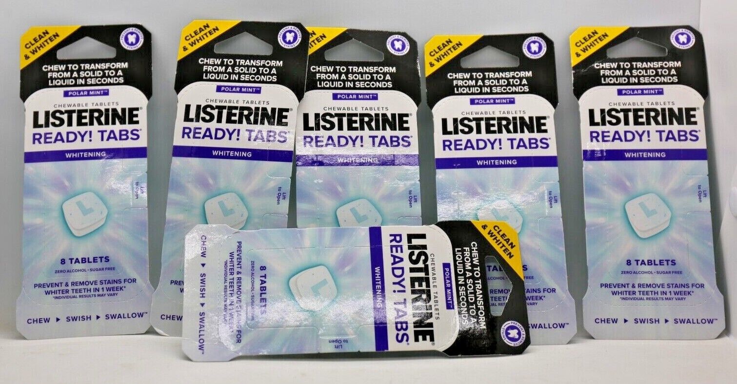 6x Listerine Ready Whitening 8 Chewable Sugar Free Tablets Polar Mint Flavor