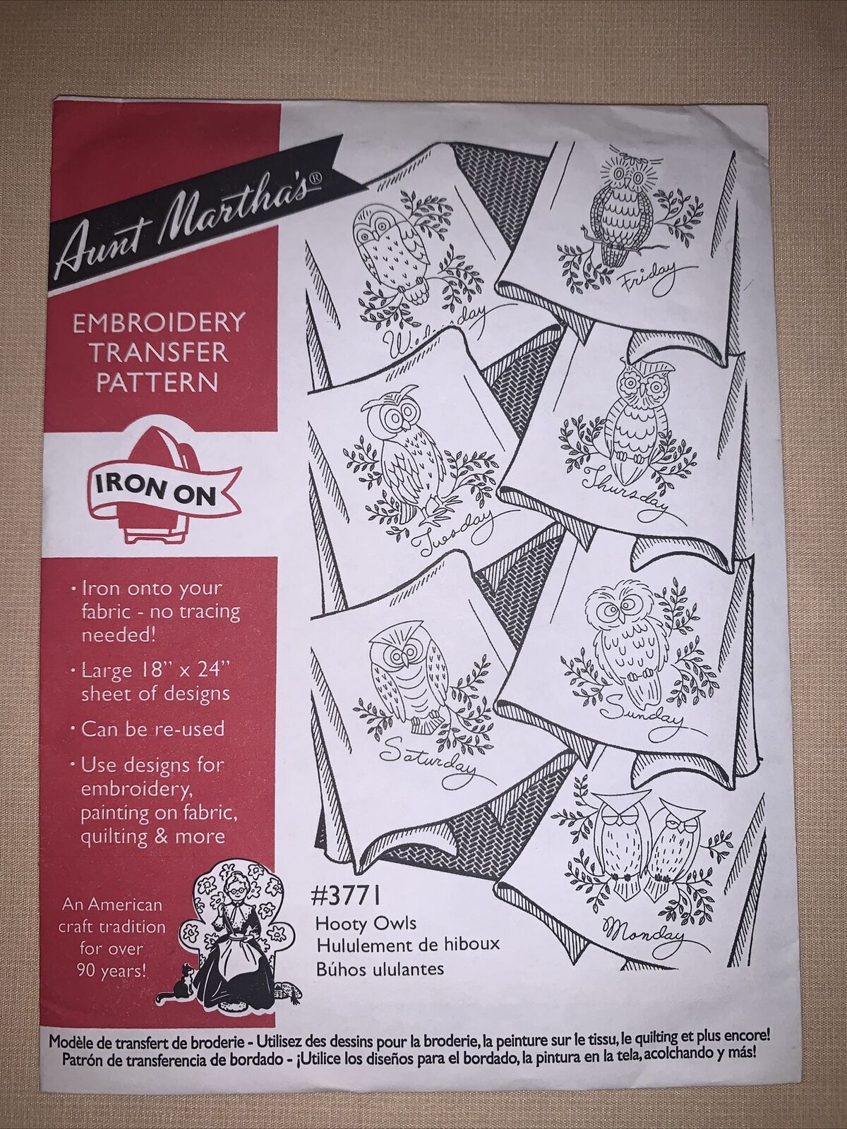 Aunt Marthas #3771 Hooty Owls Week Day Apron￼ Towels Embroidery Transfer Pattern