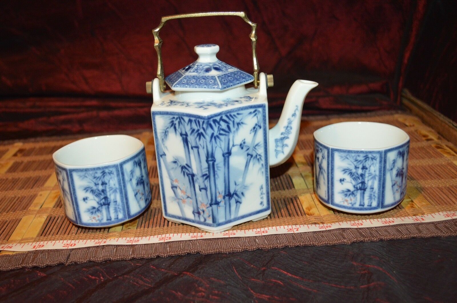 Asian Porcelain Teapot W/ Brass Handle, Blue & White Bamboo W/ Cups 7"x5 3/8"