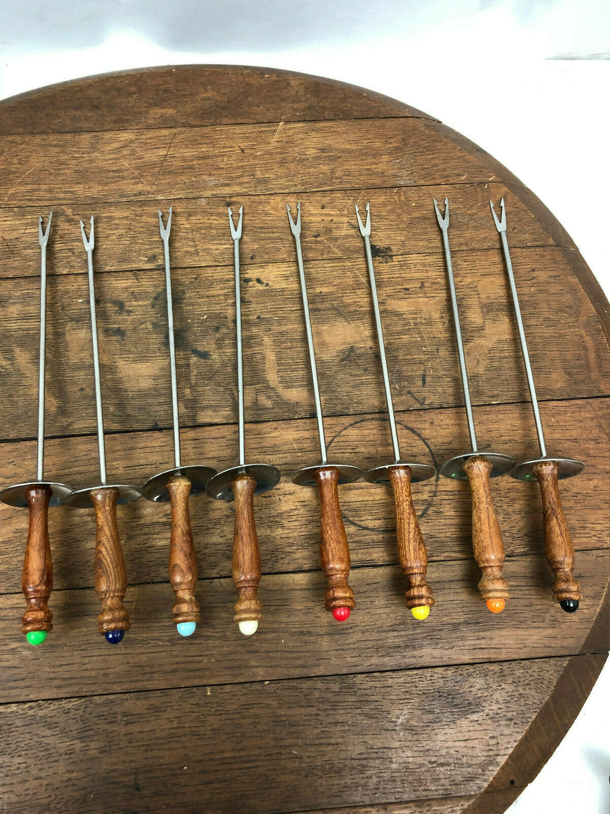 Vintage Lot Of 8 Fondue Forks Stainless Teak Handle Colored Tips