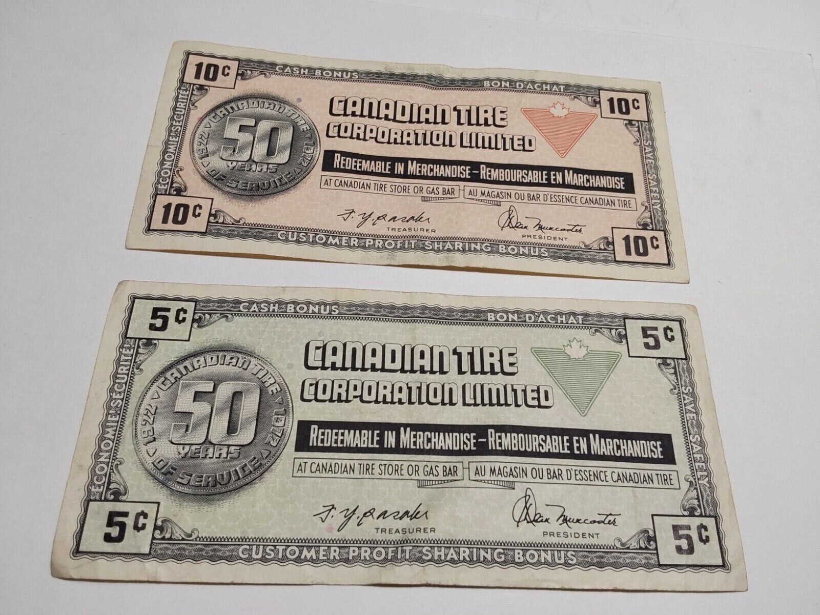 Vintage Canada Tire Money  - Two Bills 5 Cent & 10 Cent