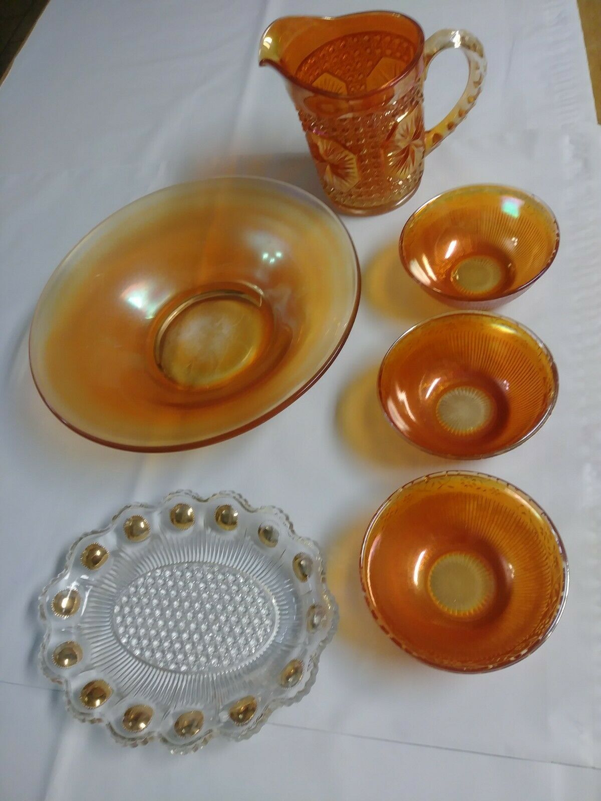 Lot Of Orange Depression Glass Bowls, Tray & Pitcher Bright Orange Antique Used