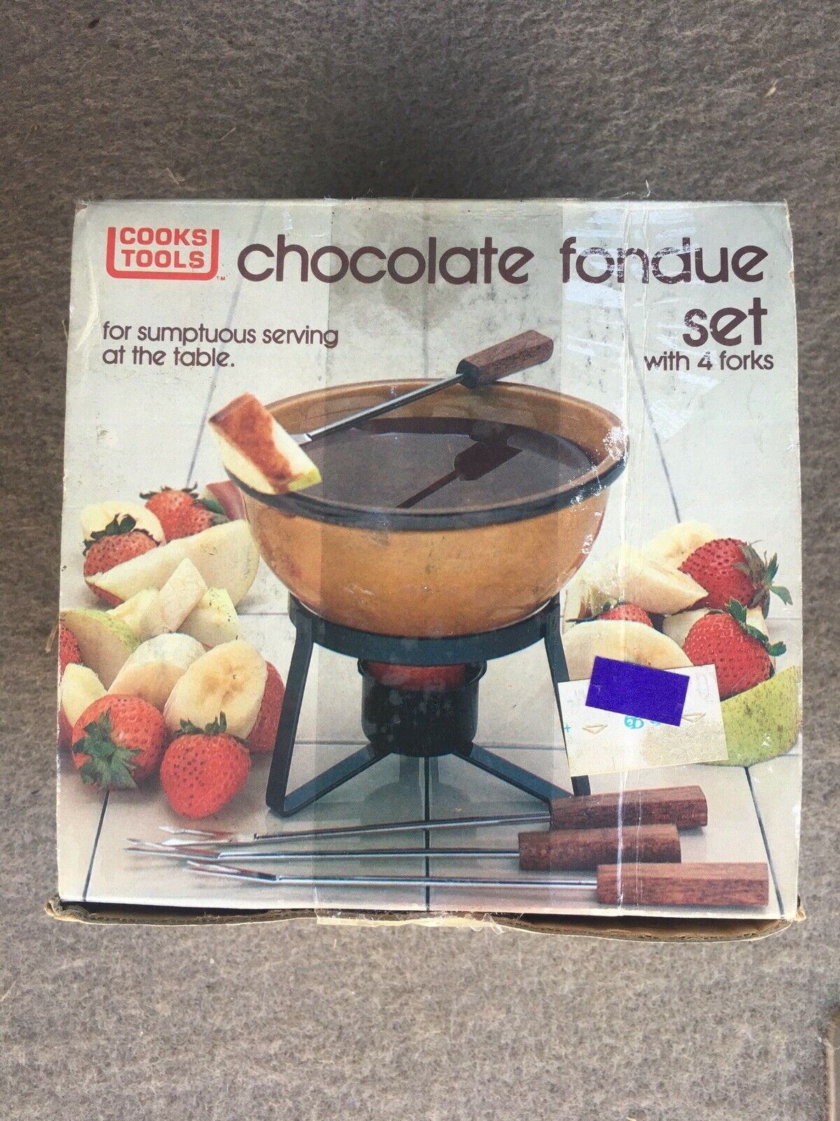 Vintage 1983 Cooks Tools Chocolate Fondue Set W/ 4 Forks In Original Box