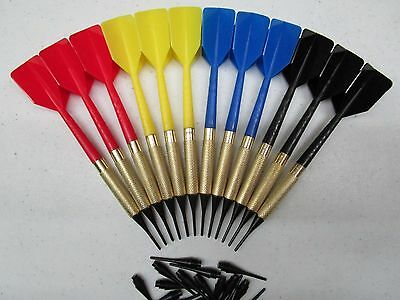 12 Plastic Soft Tip Brass Dart Set 4 Sets 15 Extra Tips Blue Red Yellow Black :)