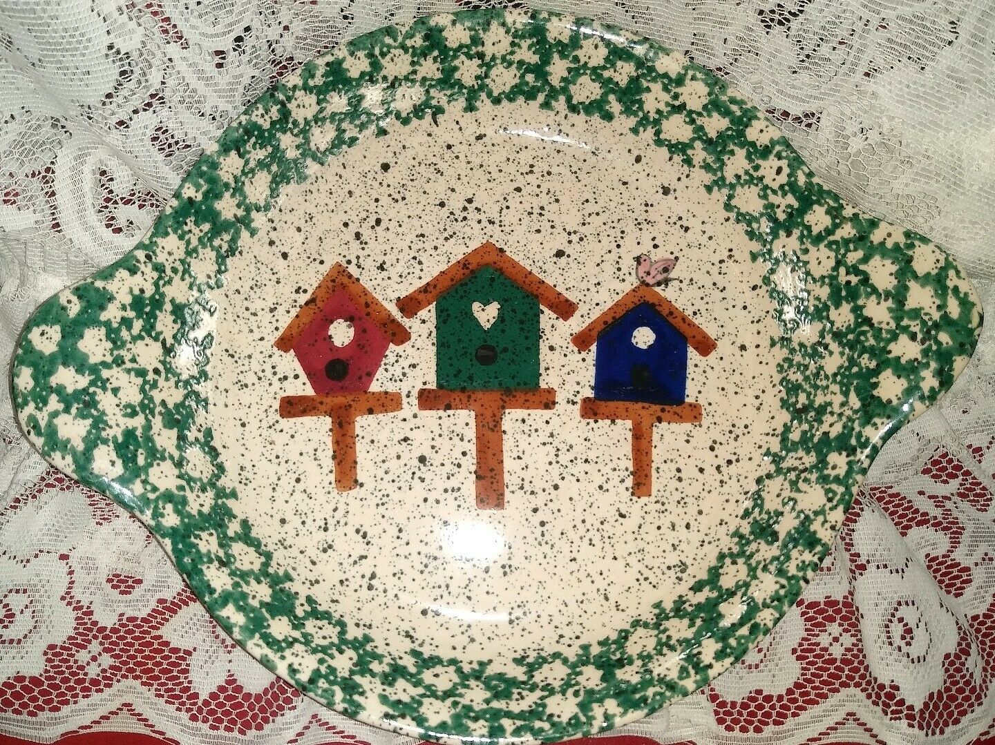 Vintage Ceramic 2 Handled 10" Pie Plate W/ Hand Painted Bird Houses Green
