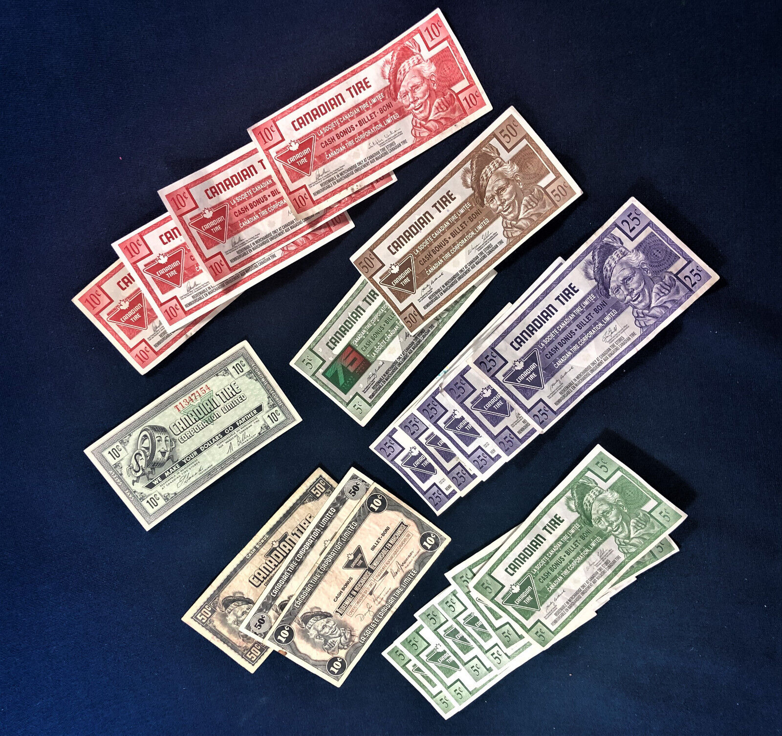 Free✈shipping 21 Pieces Of Canadian Tire Money 7 X 5¢ 6 X 1 0¢ 5 X 25¢ 3 X 50¢