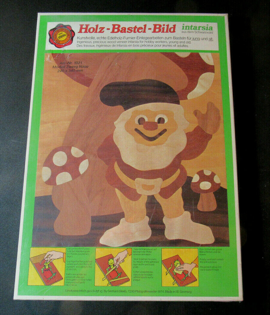 Gnome Steeb Wood Inlay Elf Mushroom Hobby Craft Art Kit 1974 Germany Sealed New