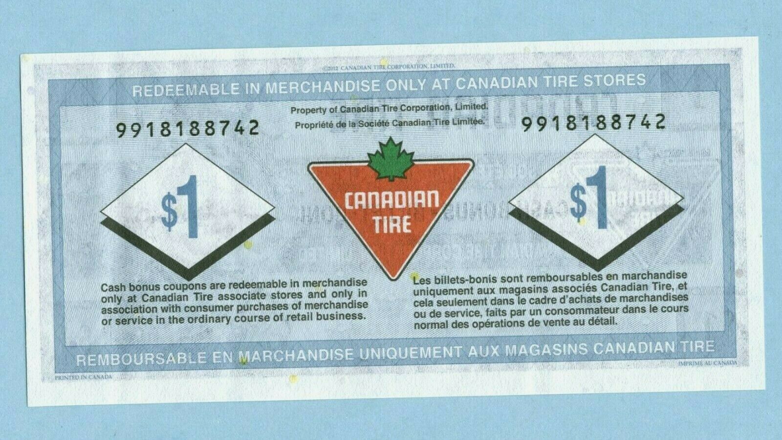 2012 Canadian Tire Coupon Money  $ 1 One Dollar Note  9918188742 -s31-f12