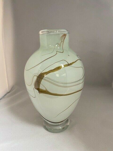 Vintage Signed Art Glass Vase Sage Green With Bronze Swirls