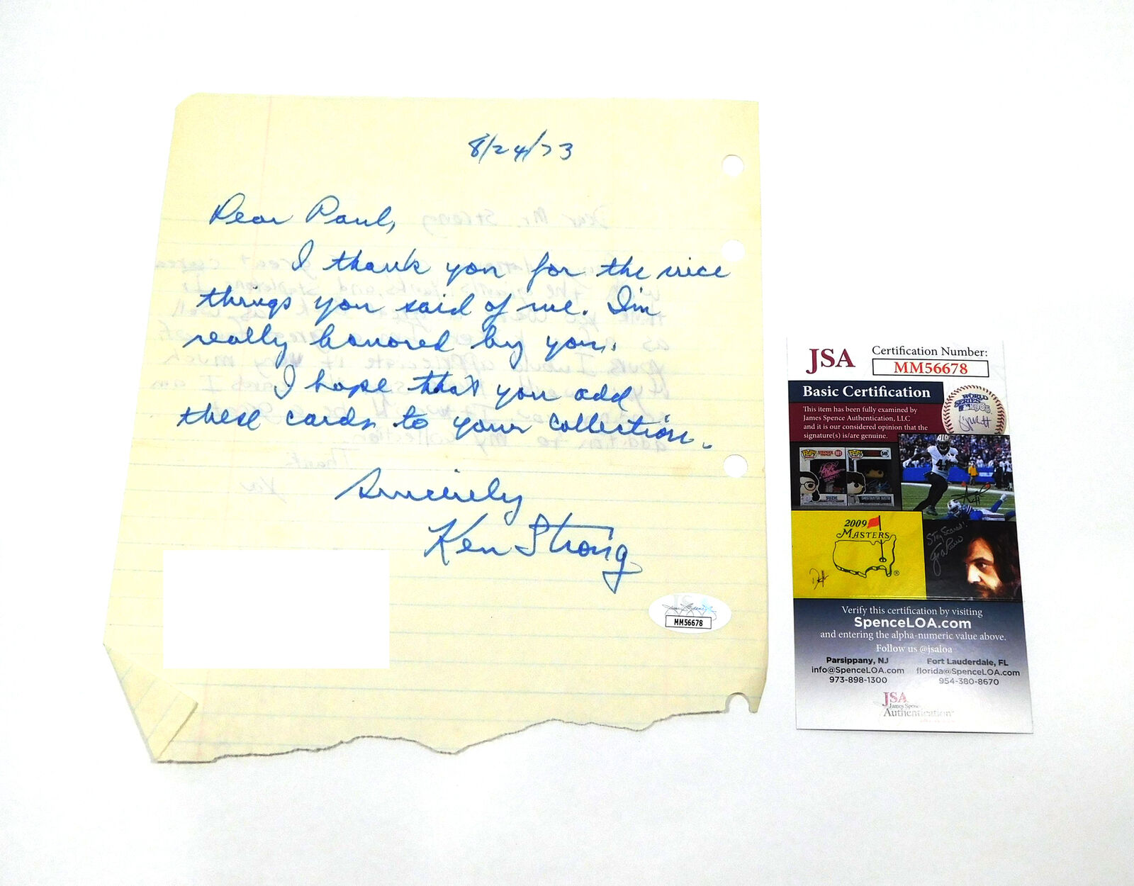 Ken Strong Signed Personalized Letter Jsa Auto Da042461