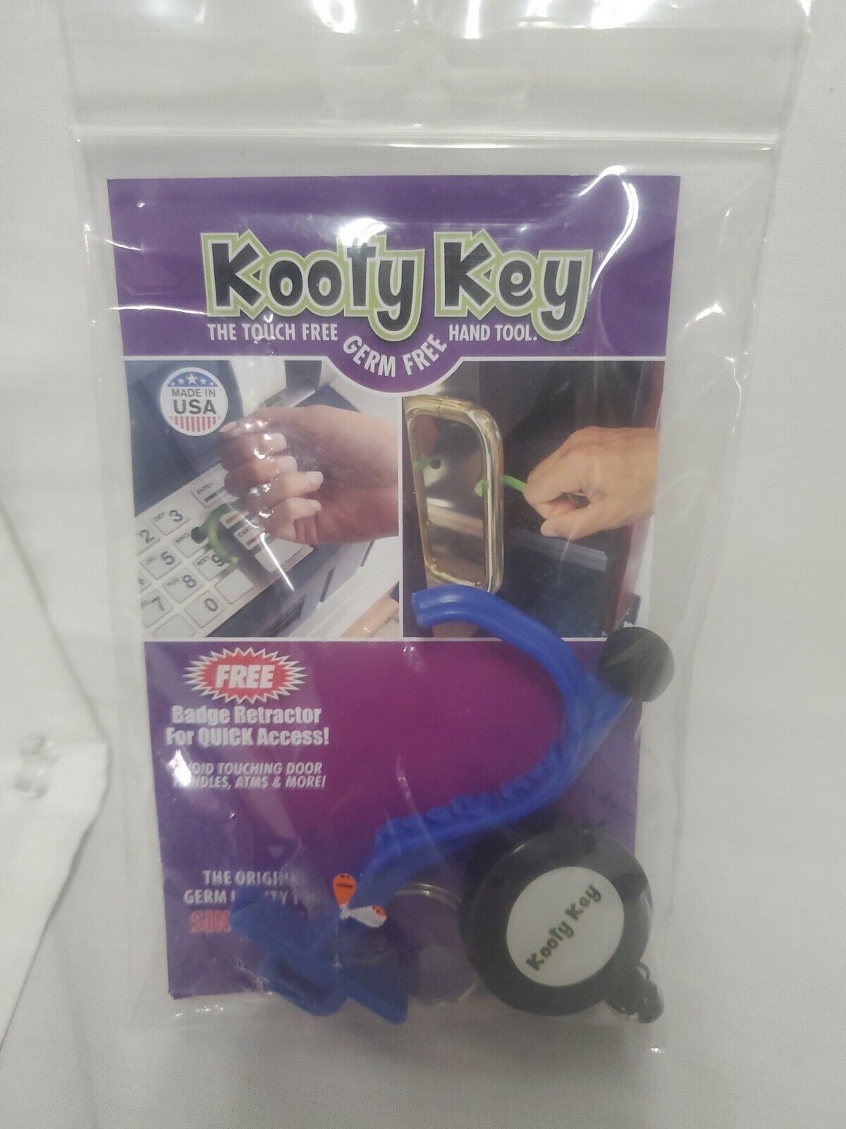 Kooty Key The Touch Free Germ Free Hand Tool With Bonus Badge Retractor Blue New