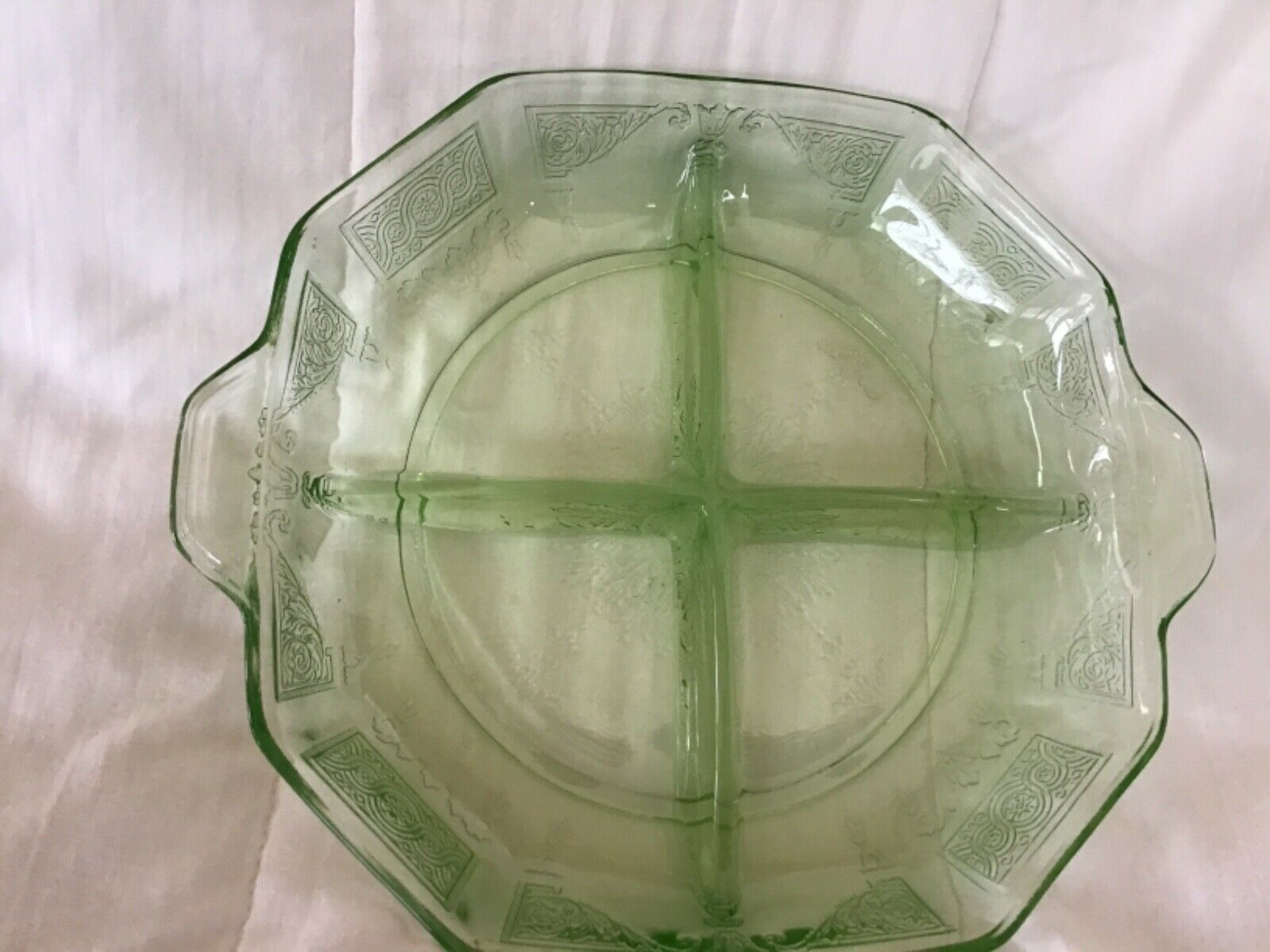 Vintage Green Uranium Depression Glass 4 Compartment Relish Plate Tray