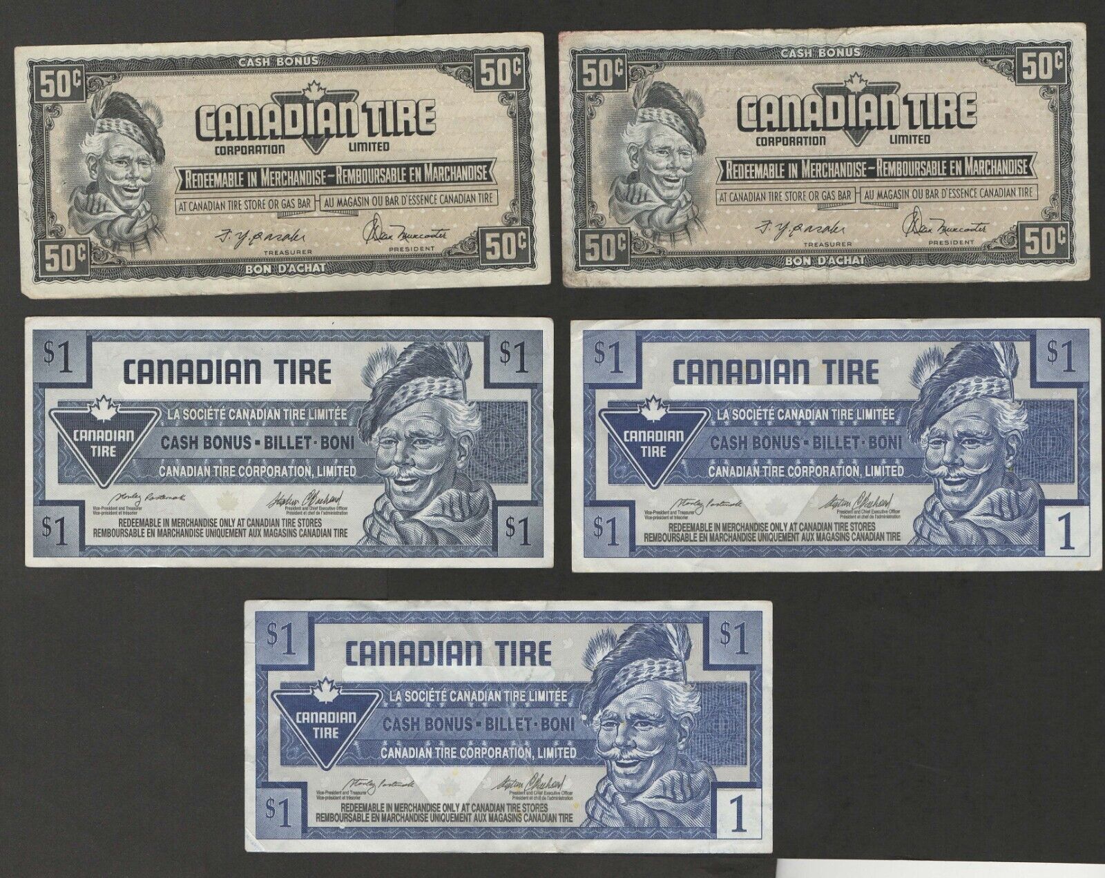 5 Canadian Tire Money Bills -  2 - 50 Cents & 3 $1.00 Issues- Circulated