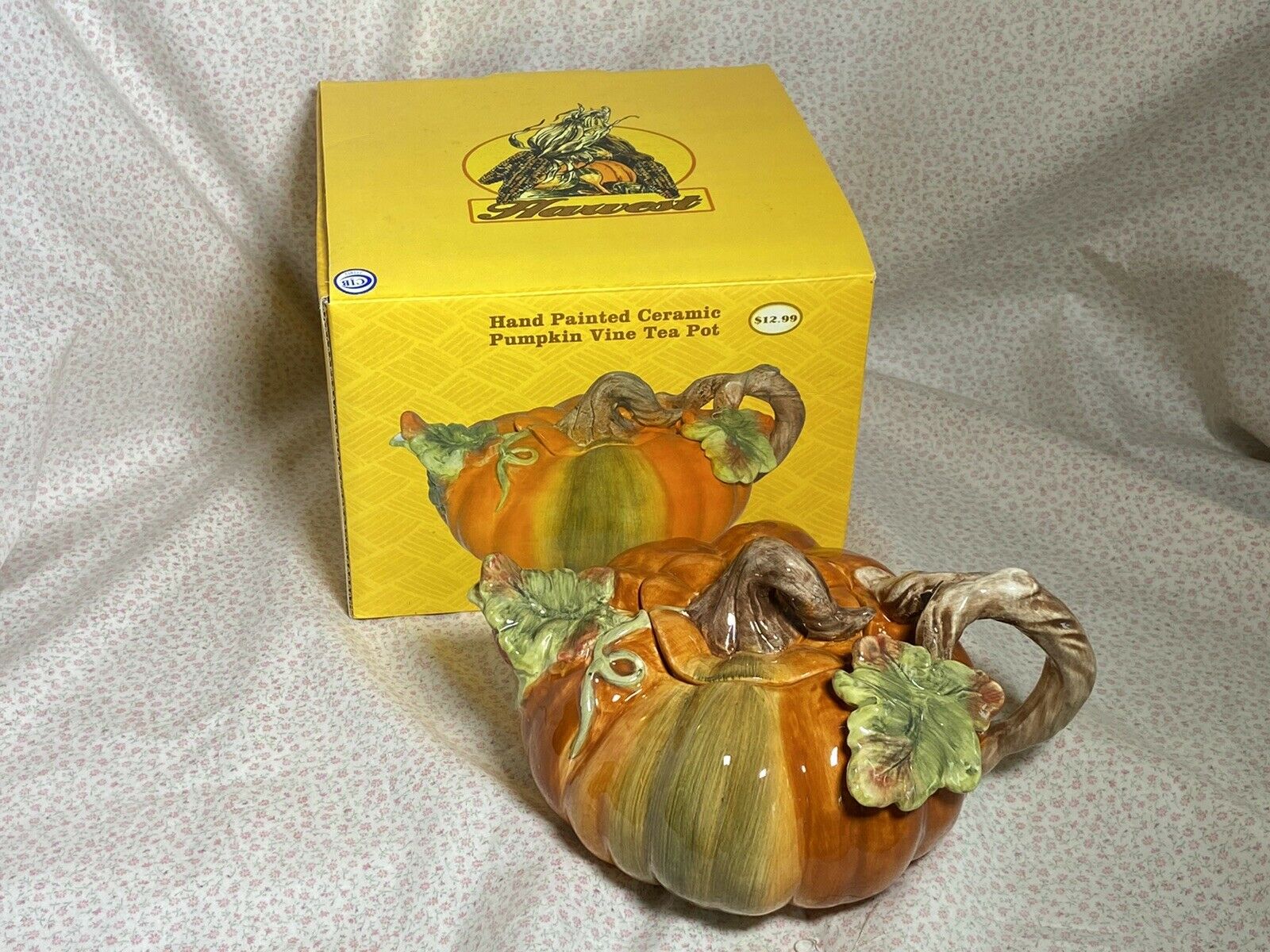 Pumpkin Teapot Vine Handle & Leaf - Hand Painted Fall Harvest Autumn Box Tea Pot