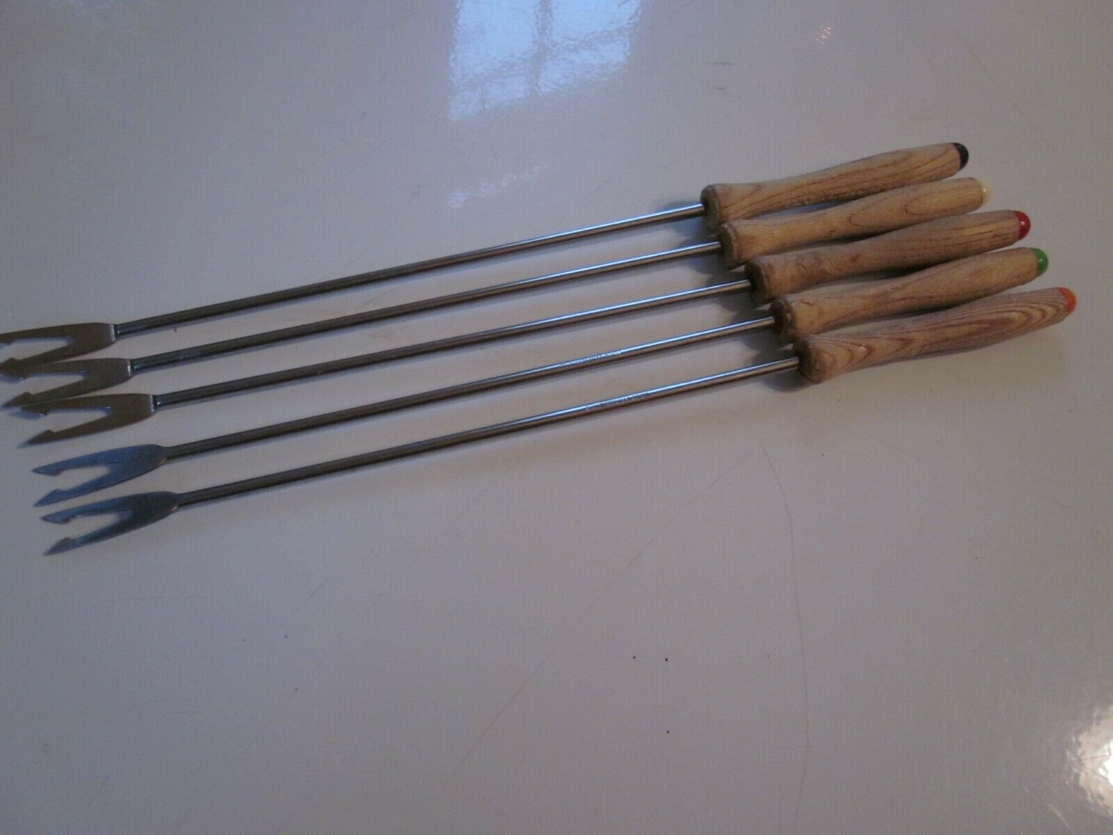 Stainless Steel Fondue Forks 5 Light Wood Color Tips Mid-century Modern Vintage