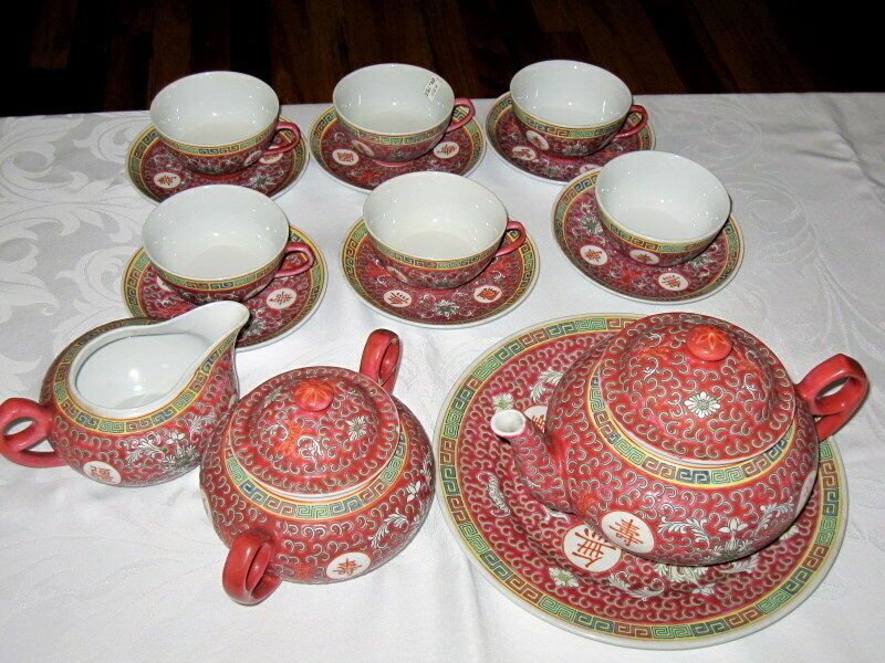 16 Pc Vtg Red Famille Rose Wan Shou Wu Jiang Longevity Chinese Porcelain Tea Set