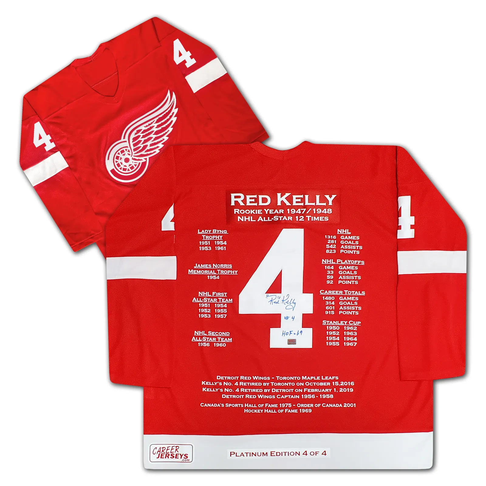 Red Kelly Career Jersey Red Wings Platinum Edition 4 Of 4 - Autographed