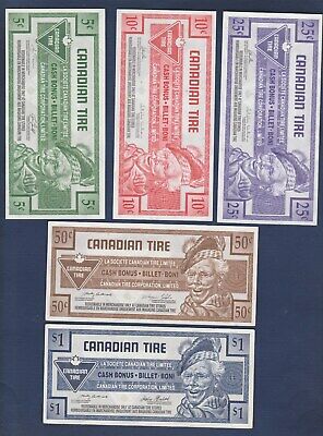 Set Of 5 Canadian Tire Money $1 Serial # 0004224032 + 5c To 50c Notes..