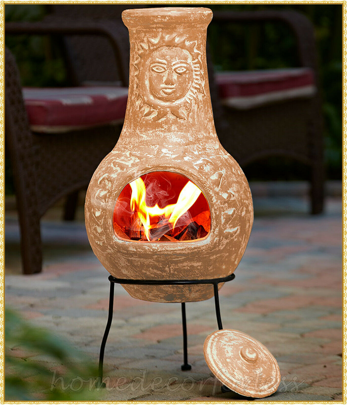 Terra Cotta Rustic Sun Face Clay Chiminea Outdoor Fire Pit Patio W/ Stand Lid
