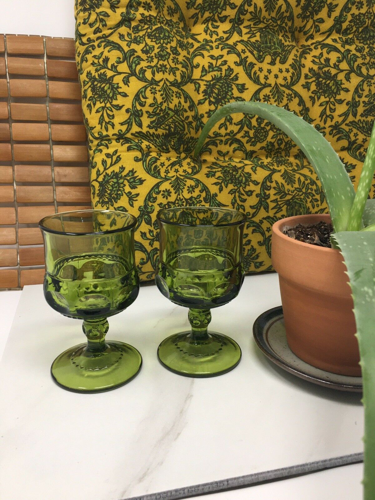 Vintage Green Glass Goblets Set Of 2 Small